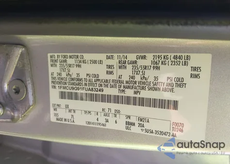 2015 Ford Escape Se z USA, uszkodzony, nr VIN 1FMCU9G91FUA83249